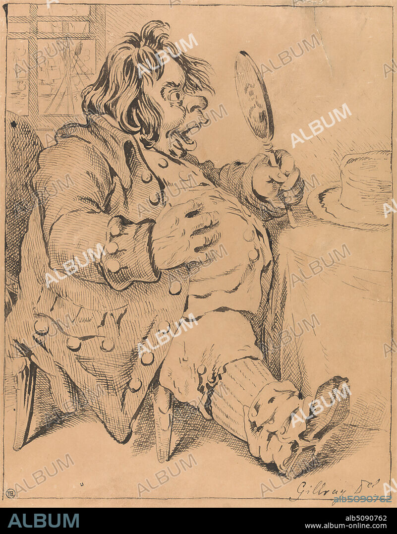 The Reflection: Grotesque Fat man Looking in a Hand Mirror, Imitator of James Gillray, 17571815, British, undated, Pen and brush with black ink; verso: black chalk on moderately thick, smooth, beige wove paper, Sheet: 13 3/4 x 10 5/8in. (34.9 x 27cm) and Sheet: 13 3/4 × 10 5/8 inches (34.9 × 27 cm), fat, grotesque, hat, man, mirror.