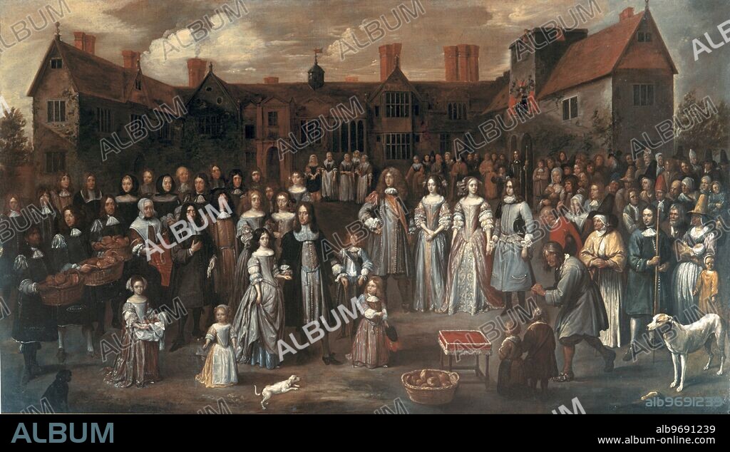 The Tichborne Dole - 1670-1. by Gillis van Tilborgh (1625-78). This traditional blessing dates back to the time of King Henry II. The custom was originated by Lady Mabella, wife of Sir Roger Tichborne. As she lay dying she asked her husband if he would grant her means to leave a charitable bequest in a dole of bread, to be distributed to any poor folk who should apply for it at Tichborne House on Lady Day. Sir Roger, somewhat heartlessly, agreed to give for this purpose the corn from all the land which his dying wife could walk around around while a lighted torch burned itself out. Too weak to walk, Lady Mabella succeeded in crawling around a twenty-three acre field which is still called 'The Crawls' to this day and which is situated just north of Tichborne Park and beside the road to Alresford. To fulfil Lady Mabella's dying wish to this day on each Feast of the Annunciation, the Tichborne family dole out flour to families from around "The Crawls". ©TopFoto.