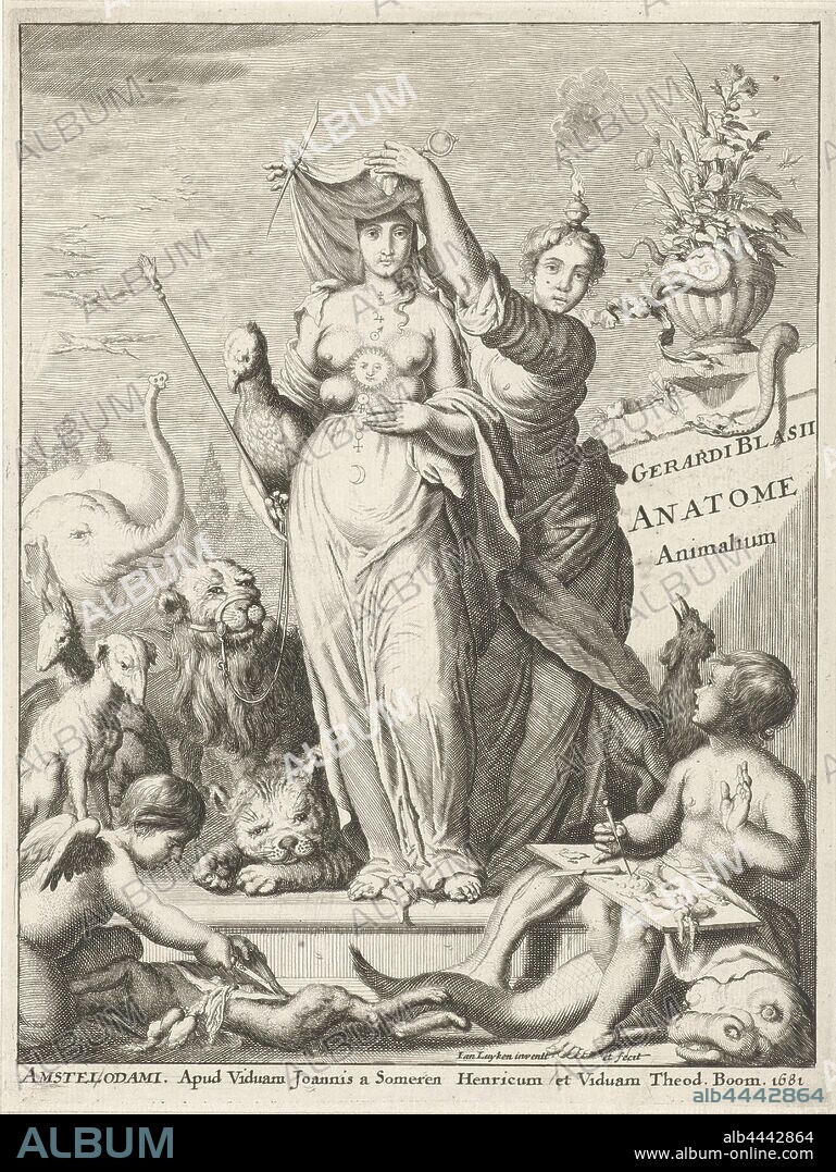 Natura surrounded by animals Title page: G. Blasius, Anatome animalium, 1681, Natura, surrounded by a number of animals, is unveiled by an allegorical female figure. In the foreground two angels dissect marine animals and a hare, 'Natura' (allegorical figure or scene, or as Diana or Ephesus, with many breasts), 'Natura' (Ripa) (variant), cupids: 'amores', 'amoretti', 'putti', Jan Luyken (mentioned on object), Amsterdam, paper, etching, h 235 mm × w 178 mm.