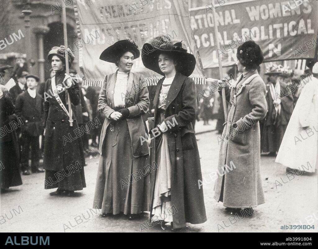 Christabel Pankhurst at a suffragette demonstration, c1910. Behind is a banner for the Women's Social and Political Union, one of the principal forces in the campaign to obtain the vote for women.
