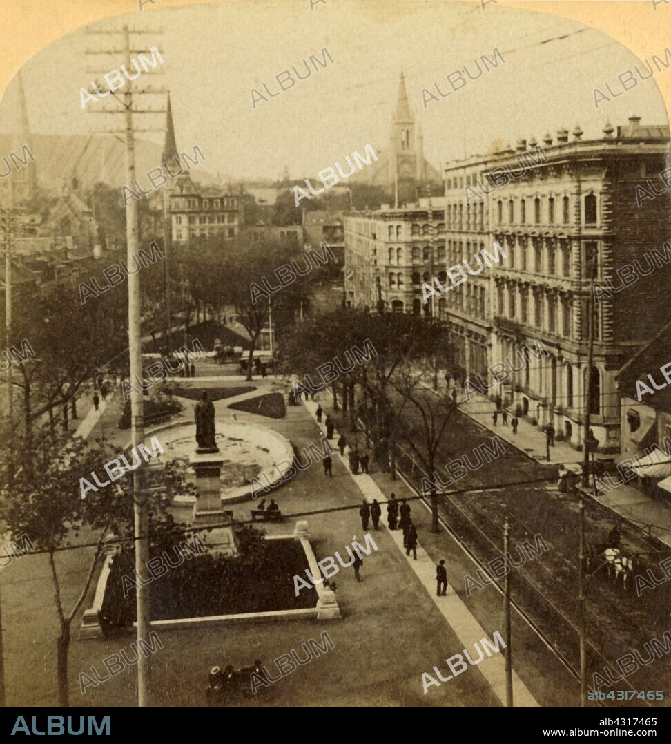 'Victoria Square, Montreal, Canada', 1904. The square, originally laid out in 1813 and formerly known as Place du Marché-à-Foin, was renamed for Queen Victoria in 1860. Stereocard. [Strohmeyer & Wyman, New York, 1904].