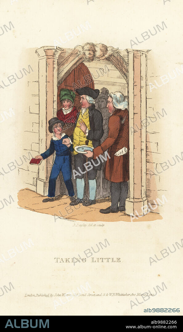 Bourgeois Christians leaving a church after Sunday mass, Regency era. A deacon extends a collection plate. Tom Takeall's cousin leaves no charity. Handcoloured copperplate engraving drawn and engraved by Richard Dagley from Takings, or the Life of A Collegian, John Warren, London, 1821.