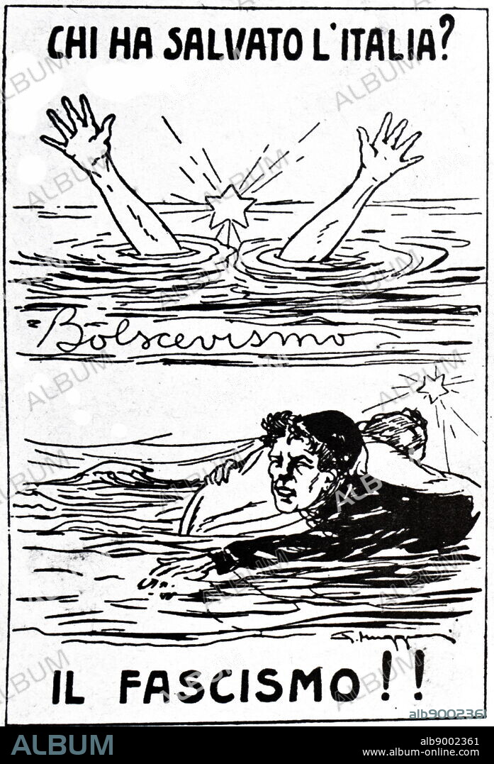 cartoon showing fascism as the saviour of Italy from the threat of Bolshevism. 'chi ha salvato d'Italia?' (who saved Italy?).. Circa 1935.