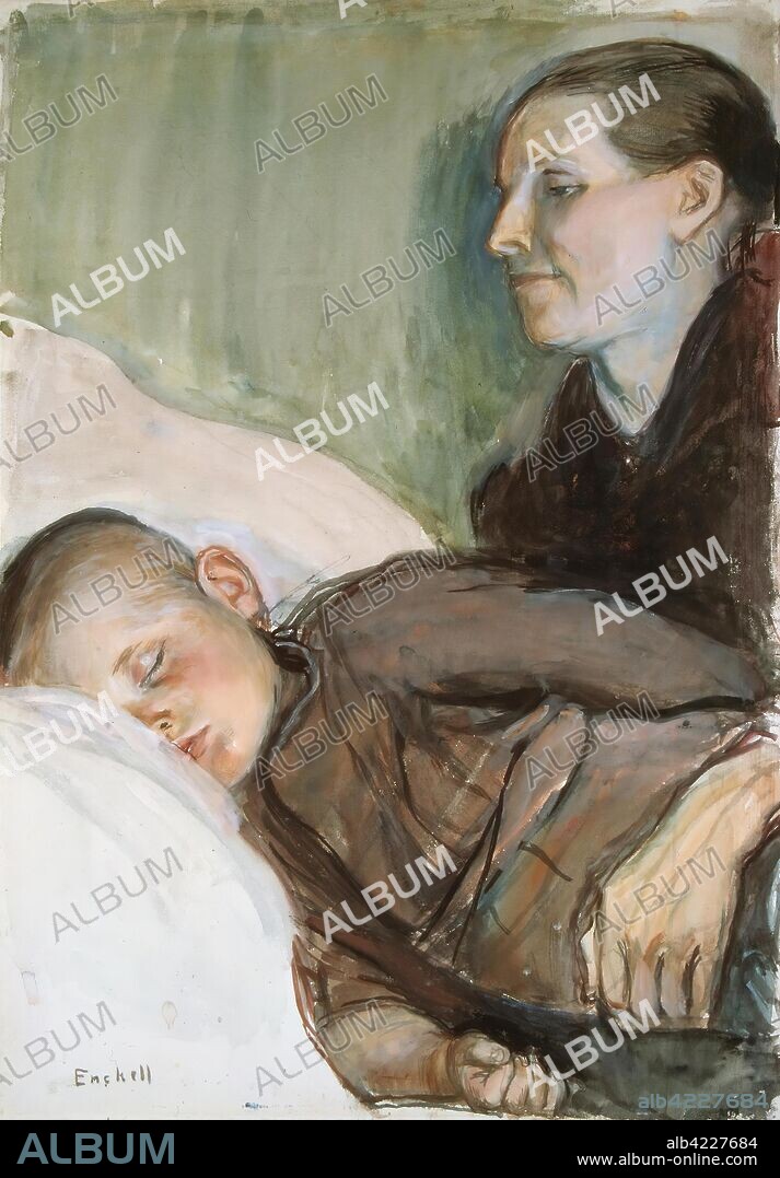 KNUT MAGNUS ENCKELL. 'Mother with her Sleeping Child'. Finland, Early 1890s. Dimensions: 56,5x39,5 cm.