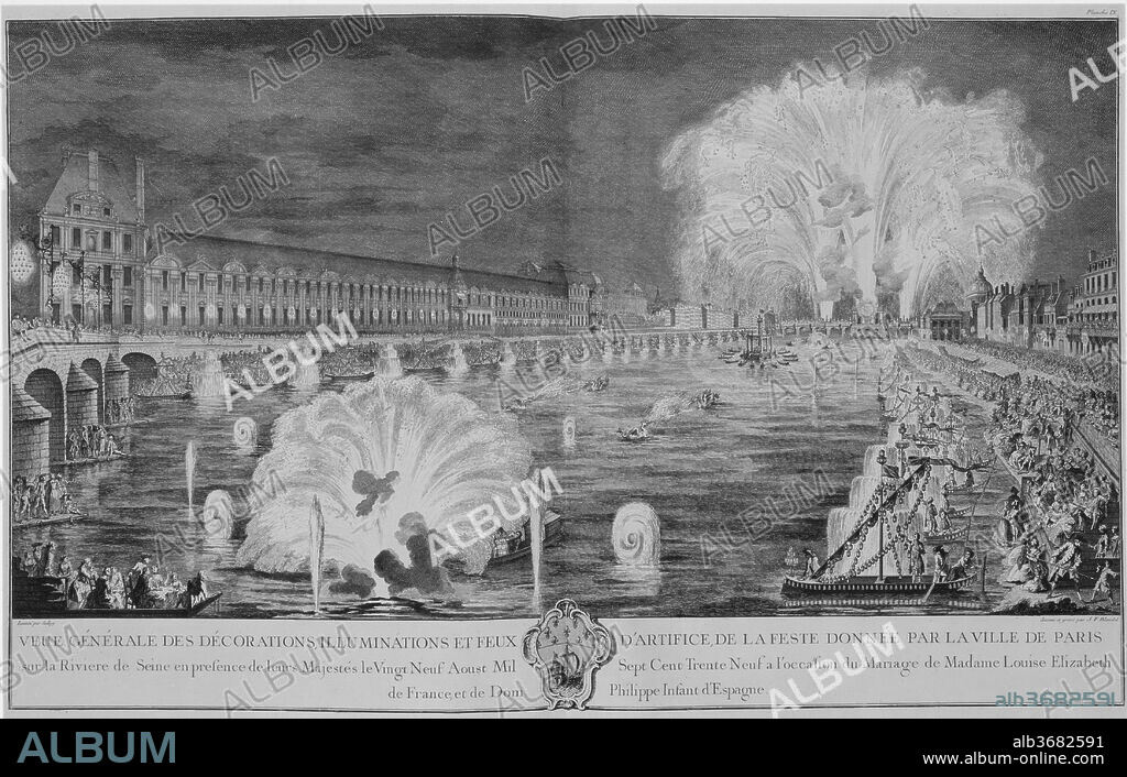 JACQUES FRANCOIS BLONDEL, JACQUES RIGAUD y DESIGNED BY PIERRE SOUBEYRAN. Marriage of Louise-Élisabeth of France and Don Philip of Spain, Paris, August 29, 1739. Artist: Jacques Rigaud (French, Marseilles 1681-1754 Paris); Jacques François Blondel (French, Rouen 1705-1774 Paris); Designed by Pierre Soubeyran. Dimensions: Overall: 24 13/16 x 18 7/8 x 1 3/16 in. (63 x 48 x 3 cm). Publisher: Published by P. G. Le Mercier , Paris. Date: 1740.