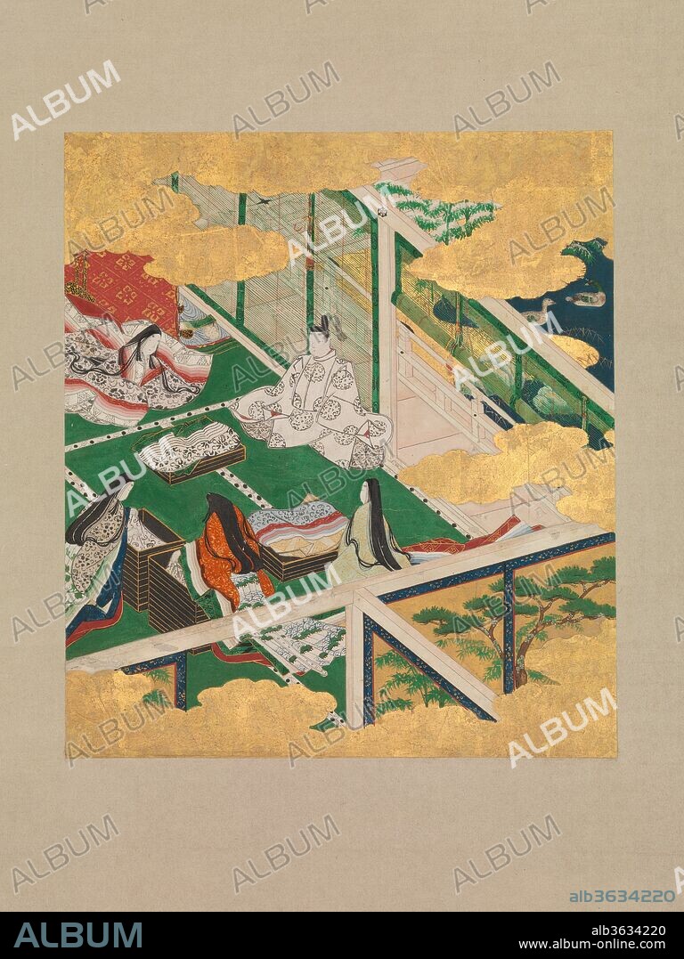 "The Jeweled Chaplet" ("Tamakazura"), from The Tale of Genji (Genji monogatari). Artist: Circle of Tosa Mitsuyoshi (Japanese, 1539-1613). Culture: Japan. Dimensions: Image (a): 9 5/8 × 8 3/8 in. (24.4 × 21.3 cm)
Overall with mounting (a): 53 1/4 × 15 11/16 in. (135.3 × 39.8 cm)
Overall with knobs (a): 53 1/4 × 17 3/8 in. (135.3 × 44.2 cm)
Image (b): 9 7/16 × 8 3/8 in. (24 × 21.2 cm)
Overall with mounting (b): 53 1/8 × 15 5/8 in. (135 × 39.7 cm)
Overall with knobs (b): 53 1/8 × 17 3/8 in. (135 × 44.1 cm). Date: early 17th century.
In this scene from an album of the eleventh-century novel, New Year's robes are distributed to ladies of Prince Genji's household. The prince sits near his favorite consort, Murasaki, while the women put garments into black lacquered boxes. In the garden a pair of mandarin ducks, symbolic of marital harmony, are visible. Interior details are exposed through the pictorial convention known as "blown-away roof" (fukinuki yatai). The corresponding page of text, originally pasted into the album facing the illustration, was decorated with flakes of gold and silver to match the jewel-like quality of the illustration.
A Genji album in the Kyoto National Museum contains leaves by both Tosa Mitsuyoshi and Chojiro, an artist whose work bears close comparison with Mitsuyoshi's. Stylistic similarities suggest that this painting was created by an unidentified painter of the Tosa studio who was a contemporary of both masters.