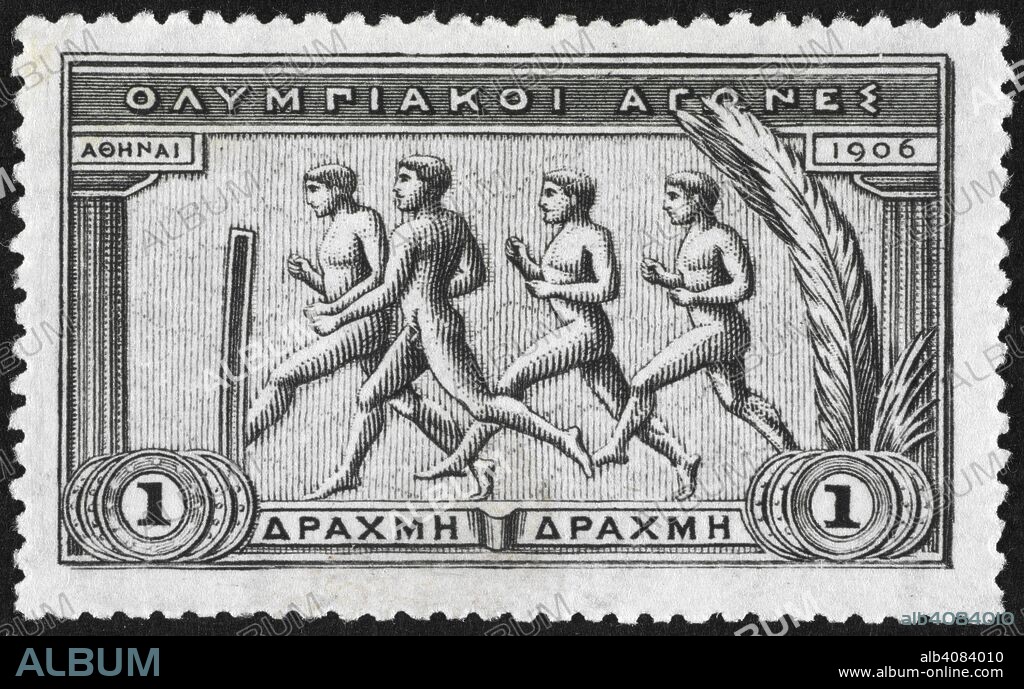 A group of athletes running. Greece 1906 Olympic Games 1 Drachma, unused  . (The UPU Collection). 1906. Language: Greek.
