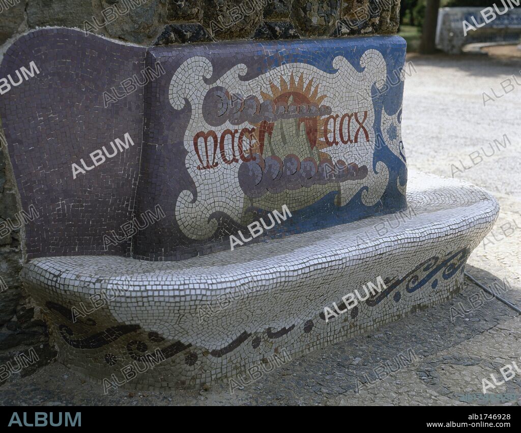 Spain. Barcelona. Bellesguard or Casa Figueres (1900-1909). Modernist house designed by catalan architect Antonio Gaudi (1852-1885). Seating area by the entrade, with mosaics from Domenec Sugranes i Gras. Located at the Sarria-Sant Gervasi distric of Barcelona.