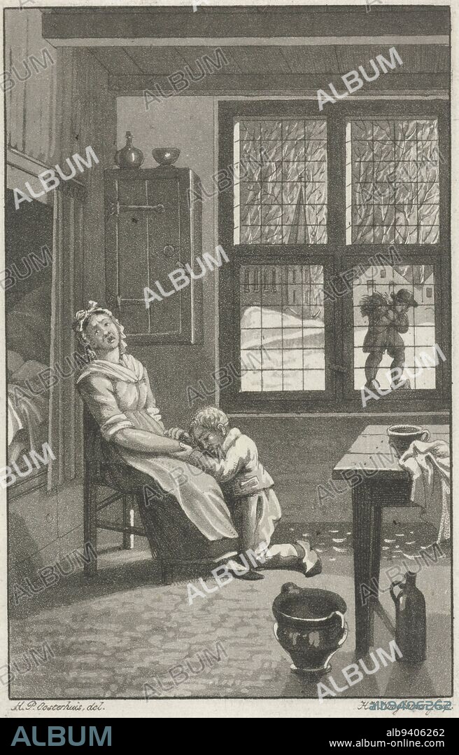 Interior with a woman crying and child kneeling in front of her. Through the window a view of a winter landscape, with a man with a bunch of branches. Possibly book illustration with or after a French book from 1808 about stories from childhood, Interior with a woman crying and child kneeling C'est l'histoire de l'enfant bien corrigé!, print maker: Willem Hendrik Hoogkamer, (mentioned on object), intermediary draughtsman: H.P. Oosterhuis, (mentioned on object), Netherlands, 1808 - 1864, paper, etching, h 111 mm × w 72 mm.