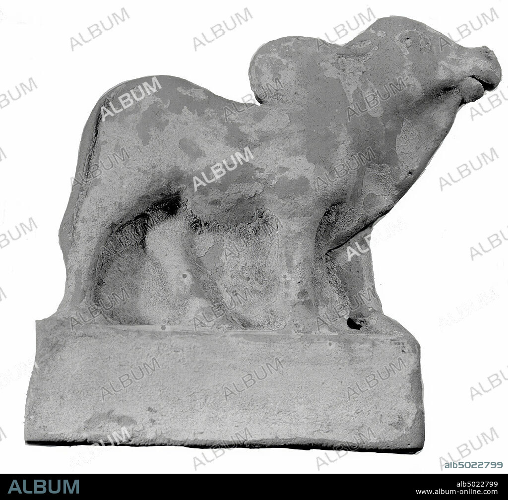 Standing zebu on a high, square plinth. From the inside hollow and flat at the back. Engobe, blue.