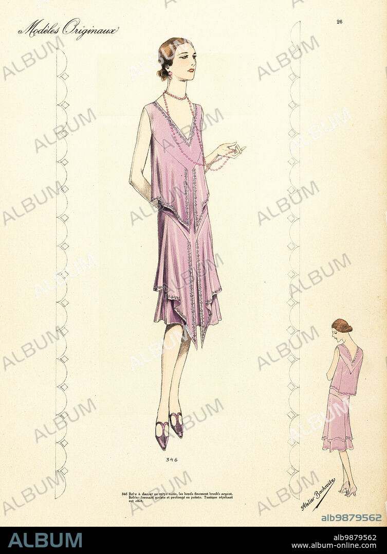 Dancing frock of lilac crepe satin. Robe a danser en crepe satin. Handcoloured lithograph from Beaux-Arts des Modes: Modeles Originaux, Hiver 1928 (Fashions of Fine Arts: Original Models, Winter 1928), Publisher Chic Parisien, Atelier Bachwitz, Paris, Volume 6, Number VII, November 1927.