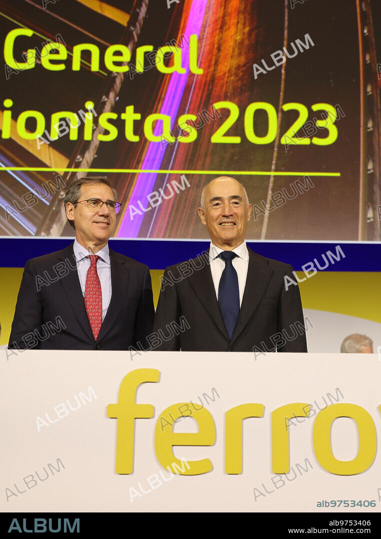 Madrid, 04/13/2023. Ordinary general meeting of Ferrovial shareholders where the exit of Spain from the group is voted on. In the image, Rafael del Pino and Ignacio Madridejos, CEO. Photo: Jaime García. ARCHDC.