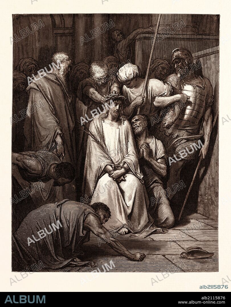 THE CROWN OF THORNS, BY GUSTAVE DORÉ. Dore, 1832 - 1883, French. Engraving for the Bible. 1870, Art, Artist, holy book, religion, religious, christianity, christian. Wood engraving by Pannemaker and Doms after Gustave Dore, with signatures in the print, 1870, romanticism, colour, color engraving.