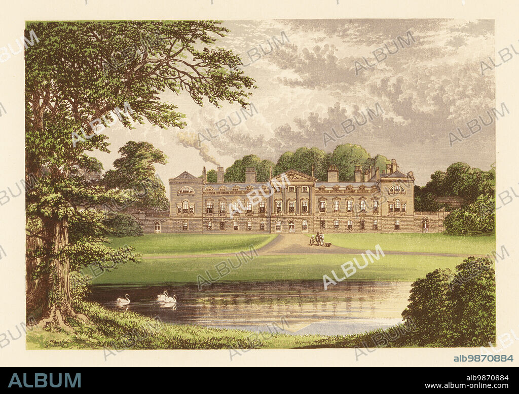 Woburn Abbey, Bedfordshire, England. Country house designed by Henry Flitcroft and Henry Holland and built in 1744 for John Russell, 4th Duke of Bedford, with landscaped gardens and deer park by Humphry Repton. Colour woodblock by Benjamin Fawcett in the Baxter process of an illustration by Alexander Francis Lydon from Reverend Francis Orpen Morriss Picturesque Views of the Seats of Noblemen and Gentlemen of Great Britain and Ireland, William Mackenzie, London, 1880.