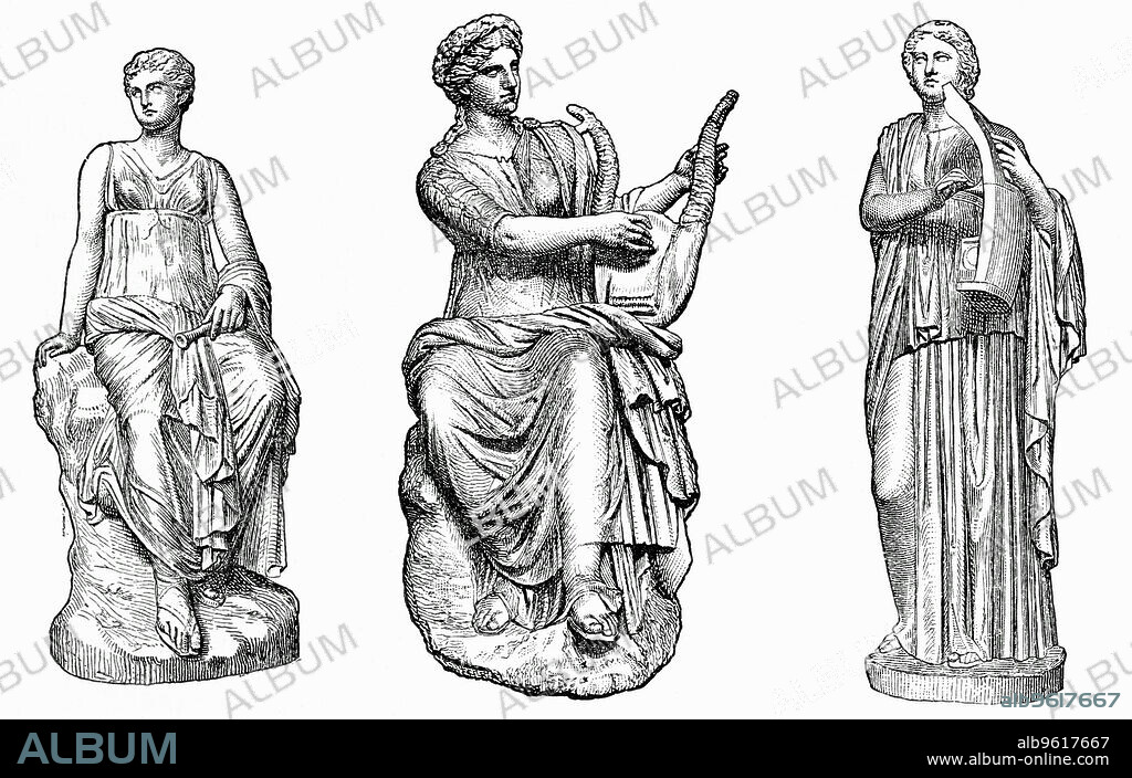 Ancient Greek muses of music and dance. Left to right: Euterpe, inventor of the double flute, associated with Dionysiac music and pleasure; Erato, muse of erotic poetry; Terpsichore, muse of Dance.