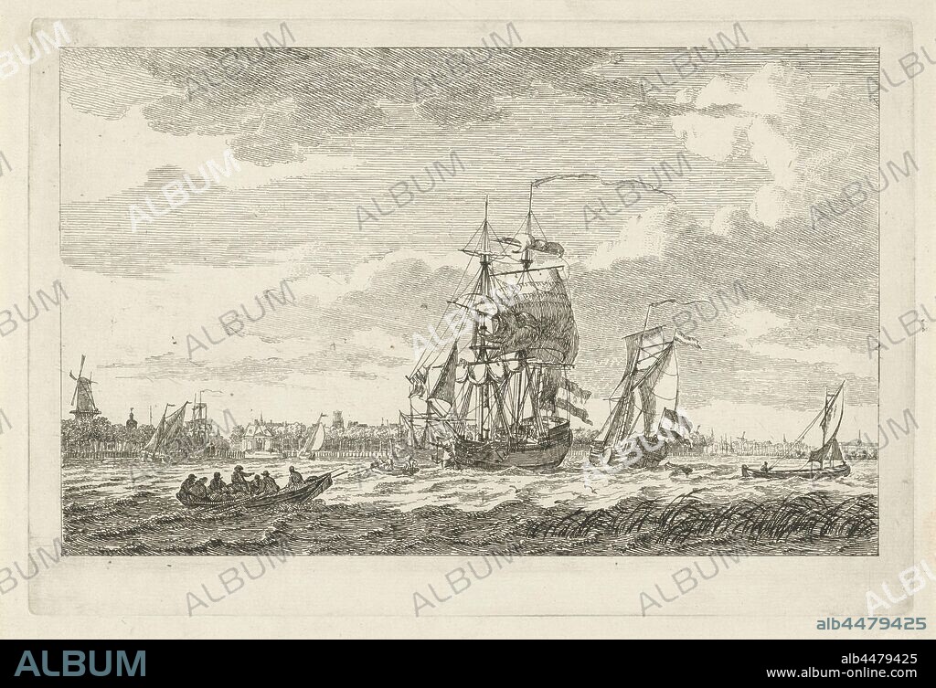View of Rotterdam seen from the Maas View of the Maas (series title), View of Rotterdam seen from the Maas near Katendrecht. In the foreground a rowing boat and various sailing ships. In the background the city. At the far left a mill with on the right the Leuvehaven, also called the Nieuwe Hoofd, with the Ooster Nieuwe Hoofdpoort. This print is part of a series of six prints with Meuse views., Gerrit Groenewegen, Rotterdam, 1797, paper, etching, h 183 mm × w 272 mm.