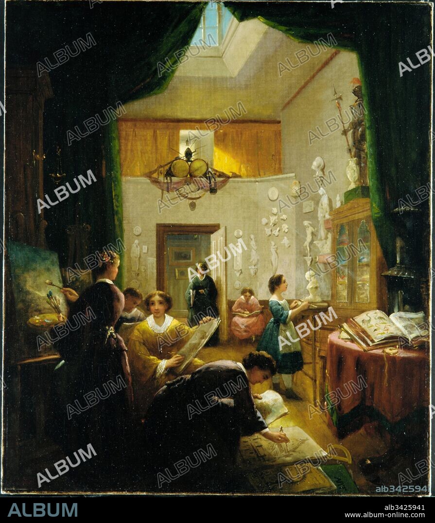 Women's Art Class, ca. 1868, Oil on canvas, 26 7/8 x 23 1/4 in. (68.3 x 59.1 cm), Paintings, Louis Lang (1814–1893), Born in Germany, Lang arrived in 1838 in Philadelphia, where he became known as a portraitist and probably taught painting classes. This scene may represent the Pennsylvania Academy of the Fine Arts (founded 1805), which as early as 1844 allowed women to study in the galleries; the Philadelphia School of Design for Women (founded 1844); or a comparable setting in New York City, where Lang settled in 1849.