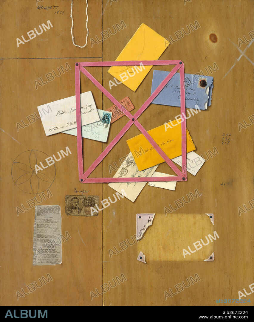 The Artist's Letter Rack. Artist: William Michael Harnett (1848-1892). Dimensions: 30 x 25 in. (76.2 x 63.5 cm). Date: 1879.
This is the earlier of Harnett's two known "rack" pictures, a subject he and his contemporary John F. Peto had inherited from seventeenth-century Dutch painters. The wood boards of the background, the pink tape of the rack, the cards and envelopes that are tucked into it, and the surrounding paper scraps are all carefully delineated. Curling edges, subtle shadows, and distinctive textures tease the viewer into imagining that all the painted elements are real. A few clues suggest that the canvas was commissioned by someone associated with the Philadelphia firm C. C. Peirson and Sons, which dealt in woolens and hides.
