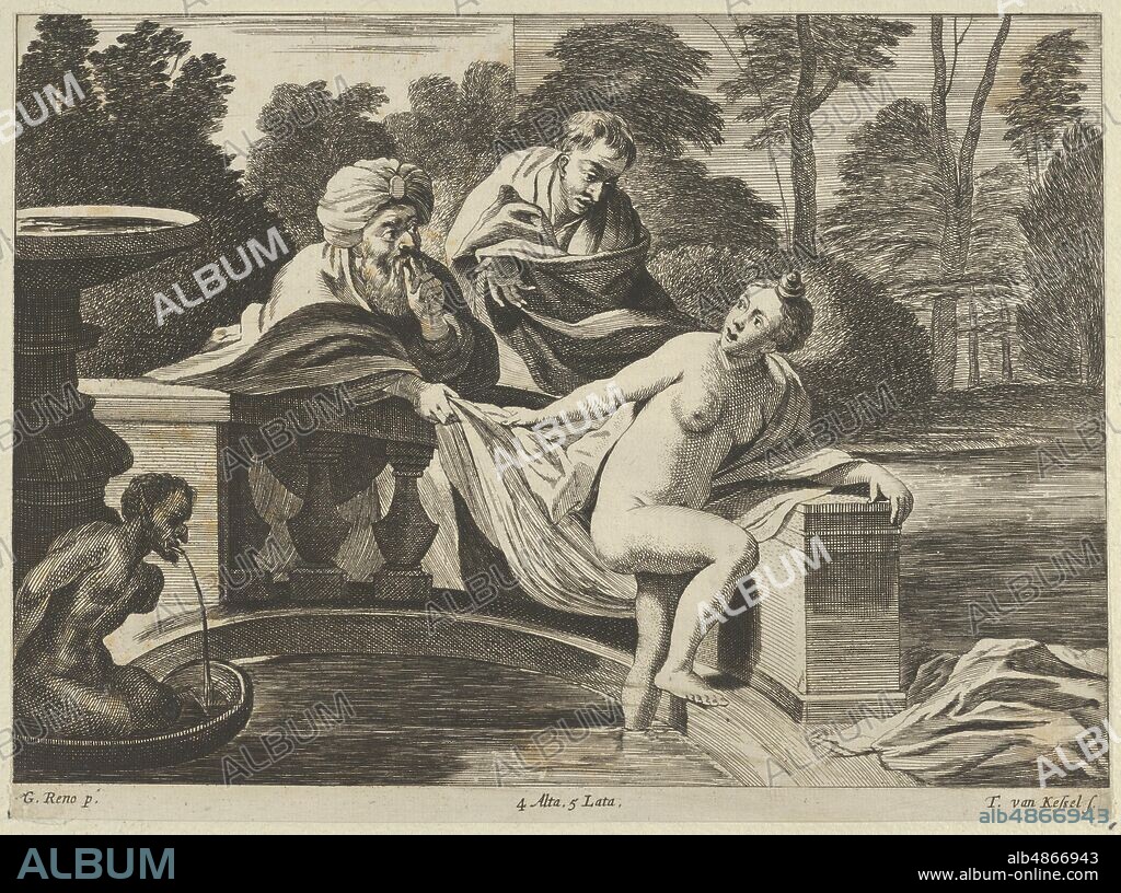 THEODORUS VAN KESSEL. Susanna, partly naked and stepping out of a fountain with two elders at left, one of them pulling at her garment, after Reni, ca. 1656-60.
