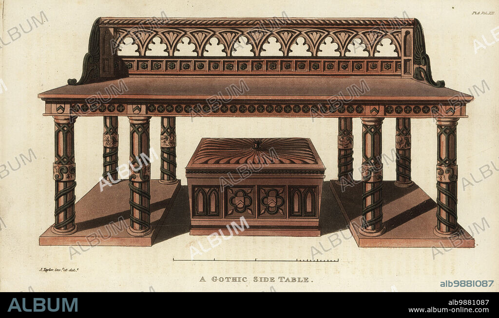 A Gothic side table designed by John Taylor, upholsterer and furniture designer at Bedford Court, Covent Garden, London 1821-1829. The table is of carved wood with eight legs on plafforms. The cellaret or wine cabinet beneath is in the form of a sarcophagus copied from a tomb in Luton church. Handcoloured copperplate engraving after an illustration by John Taylor from Rudolph Ackermanns Repository of Arts, Literature, Fashions, Manufactures, etc., Strand, London, 1821.