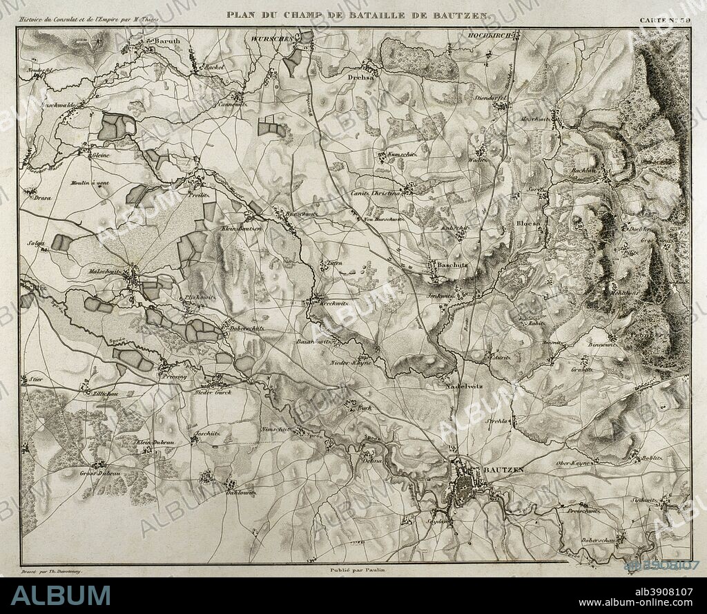 Plano del campo de batalla de Bautzen. 21 de mayo de 1813. Enfrentó al ejército frances de Napoleón cotnra el combinado ruso-prusiano en territorio alemán, con victoria francesa. Historia del Consulado y del Imperio de Napoleón (Atlas de l'Histoire du Consulat et de l'Empire). Obra de Marie Joseph Louis Adolphe Thiers (1797-1877). Dibujos realizados por Dufour y grabados por Dyonnet. Editado en París, 1864. Biblioteca Histórico Militar de Barcelona. Cataluña, España. 'A.