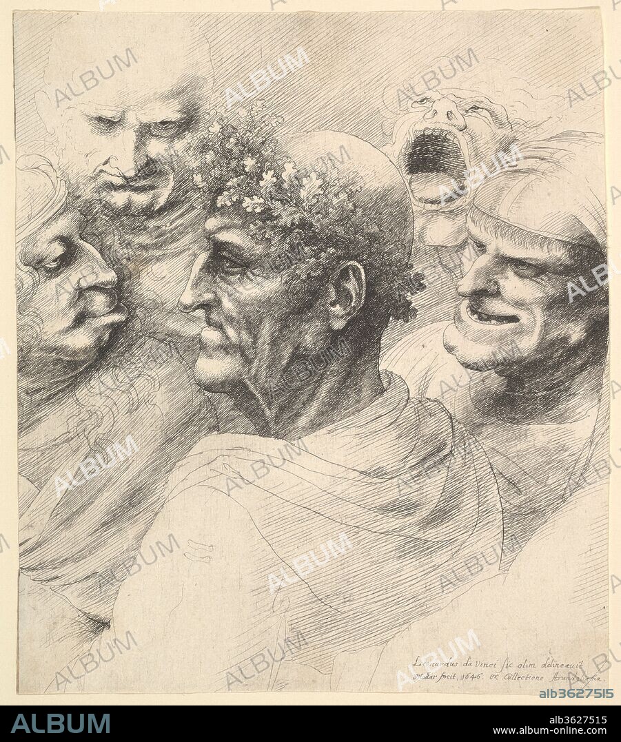 Five grotesque heads, including an elderly man with an oak leaf wreath. Artist: After Leonardo da Vinci (Italian, Vinci 1452-1519 Amboise). Dimensions: Sheet: 7 7/16 × 6 3/8 in. (18.9 × 16.2 cm)
cut within platemark and into image on all sides. Etcher: Wenceslaus Hollar (Bohemian, Prague 1607-1677 London). Series/Portfolio: Varie Figuræ et Probæ 
Antwerp 1645, after Leonardo da Vinci, Title plus 13 plates.. Date: 1646.
Five grotesque heads, including an elderly man with an oak leaf wreath,
after Leonardo da Vinci.