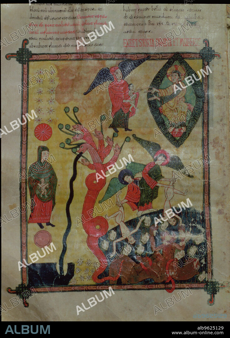 The woman clothed with the sun, crowned with twelve stars and the seven-headed dragon, miniature in the 'Beatus of Burgo de Osma'. Commentary on the Apocalypse of Beatus of Liebana. Parchment codex written and illuminated in 1086 in the monastery of San Facundo de Sahagún (León).