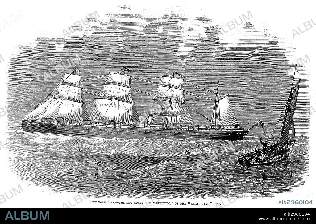 STEAMSHIP: 'REPUBLIC.'The steamship 'Republic' of the White Star line sailing out of New York City. Wood engraving, American, 1872.
