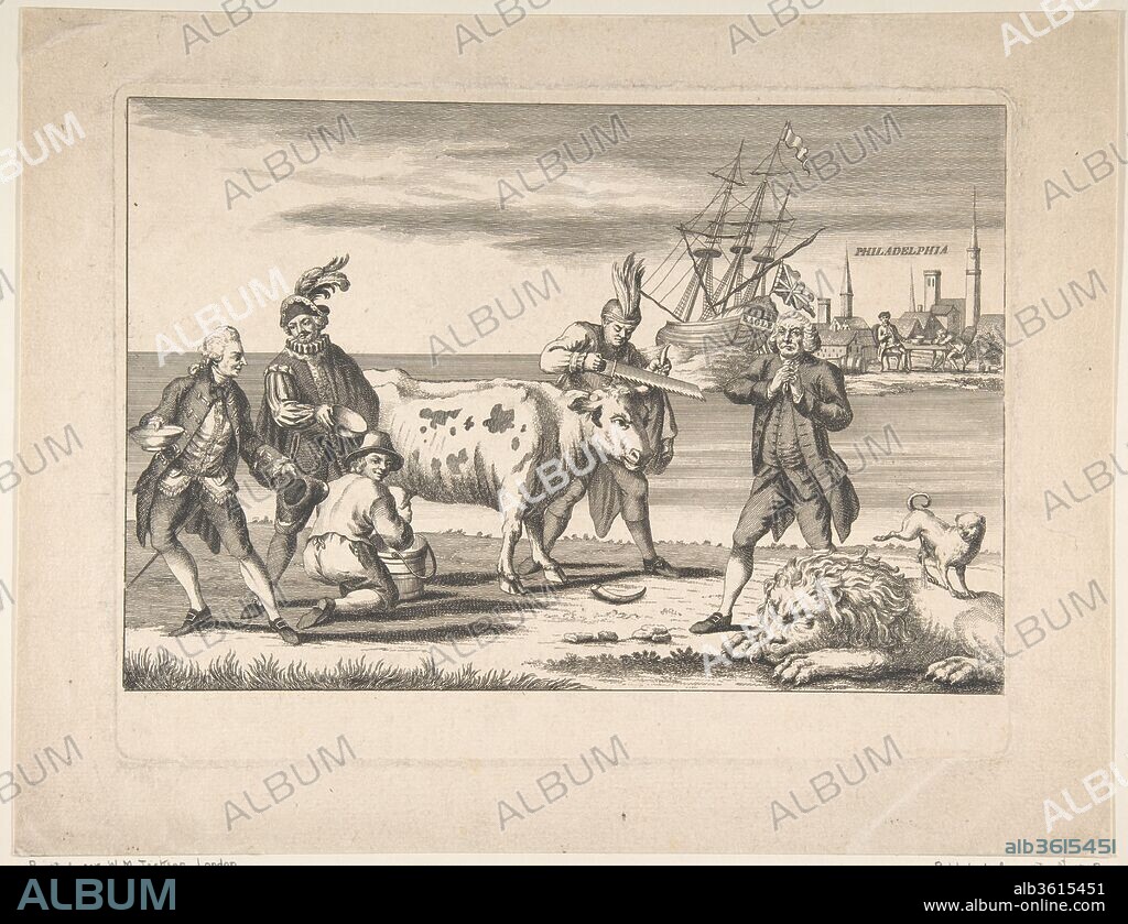 State of the English Nation. Artist: Anonymous, British, 18th century. Dimensions: plate: 7 11/16 x 10 5/16 in. (19.6 x 26.2 cm)
sheet: 9 5/8 x 12 1/2 in. (24.5 x 31.8 cm). Publisher: W. M. Jackson (London). Date: August 1, 1778.
This print copies one first published in the Westminster Magazine on March 1, 1778 as "A Picturesque View of the State of the Nation." Explanatory text is now in French and the imagery includes a cow (English commerce), whose horns are being sawn off by a Native American (the American Congress), and milked by a Dutchman who gives shares to a Frenchman and a Spaniard. The British lion sleeps while a Free Englishman wrings his hands. In the background General William Howe and Admiral Richard Howe sit near Philadelphia, with the latter's flag ship "The Eagle," beached and unready for action.