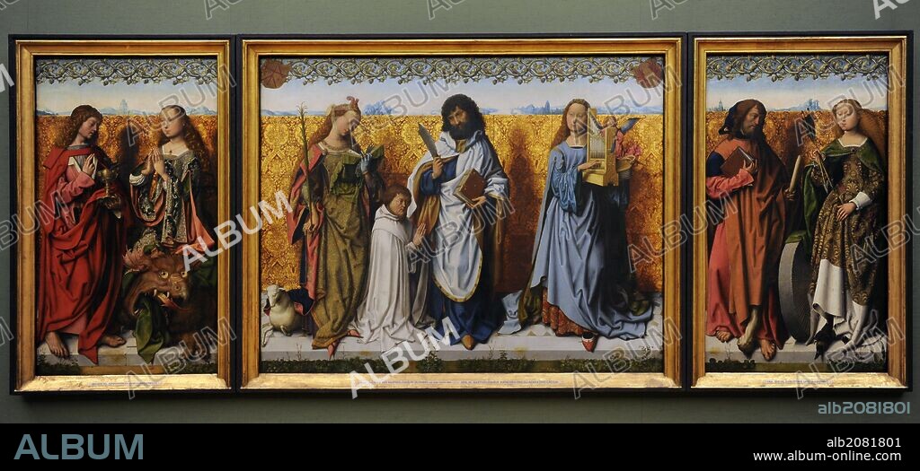 MAESTRO DELL'ALTARE DI SAN BARTOLOMEO. ARTE. GOTICO TARDIO. ALEMANIA. MAESTRO DEL RETABLO DE SAN BARTOLOMÉ (1475-1510). Activo en Colonia hacia el 1475-1510. "RETABLO DE SAN BARTOLOME", h. 1500-10. Roble. Izquierda: San Juan Evangelista y Santa Margarita. Centro: Santa Inés, San Bartolomé y Santa Cecilia con un donante cartujo. Derecha: Santiago el Menor y Santa Cristina. Alte Pinakothek (Pinacoteca Antigua). Munich. Alemania. Europa.