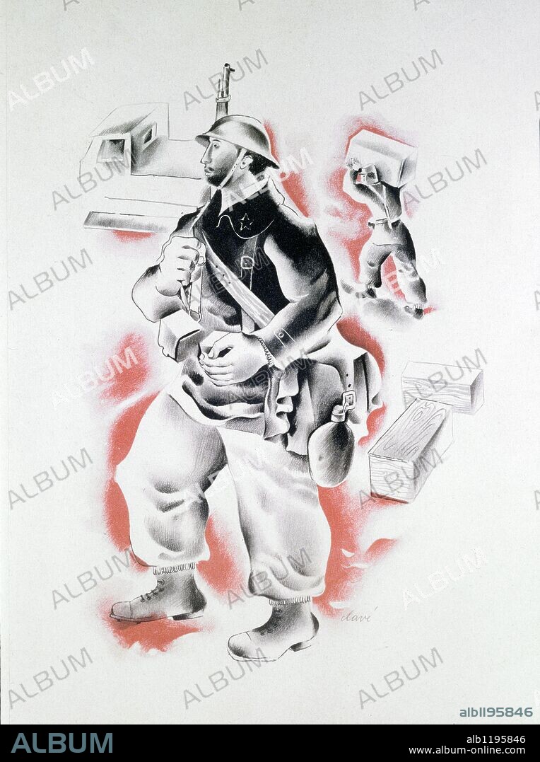 "Preparado para el relevo" Dibujo de Antonio Clavé. Zona republicana. Cataluña. Año 1938. Guerra Civil 1936-39.