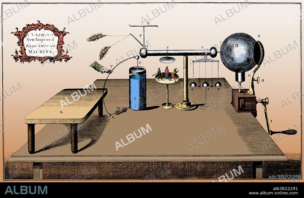 Edward Nairne (1726 - September 1, 1806) was English optician and scientific instrument maker. He patented several electrical machines, including an electrostatic generator consisting of a glass cylinder mounted on glass insulators; the device can supply either positive or negative electricity, and was intended for medicinal use. He was a regular contributor to the Philosophical Transactions of the Royal Society of London, and was elected a fellow in 1776. He enjoyed an extensive international reputation, and was in correspondence with Benjamin Franklin for whom he made a set of magnets and a telescope around 1758. Nairne prepared neatly-fitted traveling cases for lecture on electricity. This illustration appeared in "Directions for Using the Electrical machine as Made and Sold by E. Nairne", 1773. This image has been color enhanced.