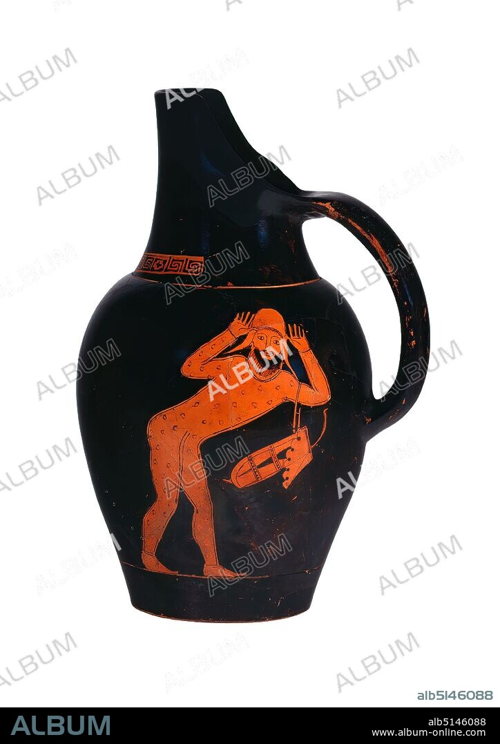Triptolemos Painter, Oinochoe ('Eurymedon Jug' or 'Persian Jug'), clay, quickly turned, painted (ceramic), alternately fired, clay, painted and fired, Total: Height: 23.8 cm (with supplemented mouth); Diameter: 13.3 cm; Base diameter: 8.1 cm; Height: 20.5 cm (without supplemented mouth), inscription: Beginning on the right side of the mouth of the Greek, diagonally downwards to the right foot of the Persian: [], h, Ceramics, Peoples and Nationalities, Strict Style, The Oinochoe probably carries one of the most important representations of Greek vase art with historical reference. On side A a Greek running to the right is shown. The head shown in profile has a pointed beard and a beard on the cheek. He is clothed with a coat that is waving backwards, the ends of which are knotted in front of the chest. While the left arm is stretched forward, he holds his phallus with his angled right hand. From his mouth comes the inscription 'Eurymedon eimi. Kybade Hekaste' ('I am Eurymedon. '), which runs diagonally downwards to the figure on side B. There stands a man in a long jacket-and-trousers costume, bent over, with his head turned frontally towards the observer, his hands raised on both sides of his head in a gesture of terror. A gorytos (quiver of arrows) with a bow dangles from his left arm. On his head he wears a so-called Phrygian cap, which in combination with his robe identifies him as an Oriental. Both figures stand on a circumferential clay-ground line; at the top the picture is completed by a narrow meandering band at the transition to the neck. The name 'Eurymedon' allows an interpretation of the scene: On the river of the same name in Asia Minor (near present-day Antalya), the Attic-Dellican League under the leadership of Athens and its strategist Kimon achieved a major victory in a double battle on land and water in 469 or 466 BC. The victory is portrayed brutally and humiliatingly on this jug, because in.