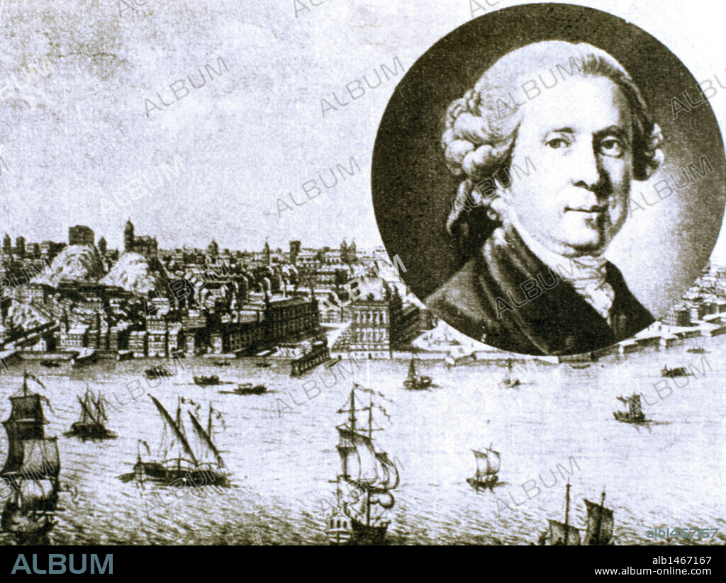 JUAN V (1689-1750). Rey de Portugal (1706-1750). Grabado del s. XVIII con la ciudad de LISBOA y retrato de Juan V.