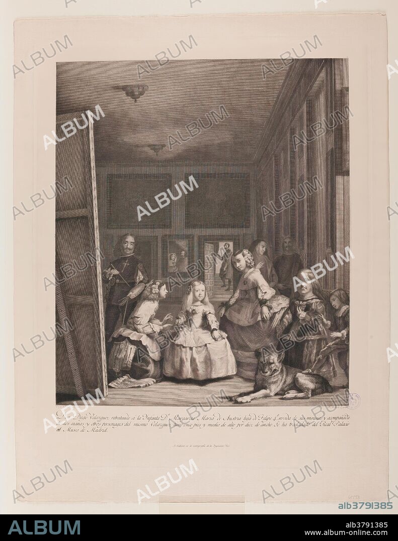 PIERRE AUDOUIN, ANTONIO MARTINEZ y IMPRENTA REAL. Pierre Audouin (Grabador) (Autor de la obra original Velázquez, Diego Rodríguez de Silva y); Antonio Martínez (Dibujante); Imprenta Real (Vendedor) / 'Las meninas'. 1799. Talla dulce: aguafuerte y buril sobre papel continuo, 650 x 502 mm.