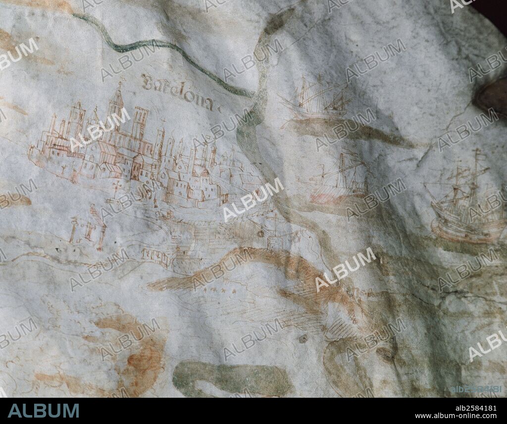 RETRATO DEL MONASTERIO DE GARRAF Y PARTE DE LAS COSTAS DE GARRAF. Realizado por Nicolau Credença, hijo. Pergamino. Tamaño: 925 x 203 mm. Detalle de LA CIUDAD DE BARCELONA con los caseríos y poblaciones de Sants, Pedralbes, Creu Coberta, Montjuïc y el puerto de la ciudad. Barcelona, 1521. Arxiu Capitular de Barcelona. Cataluña.