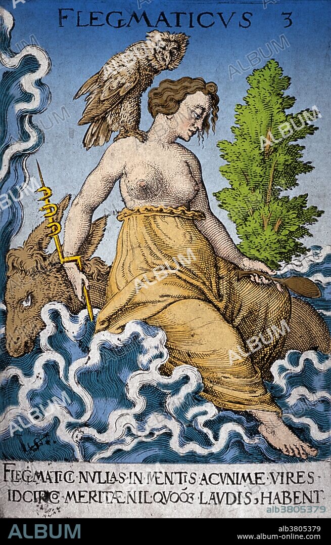 Phlegmatic. A bare-breasted young woman, with an owl perched on her shouder, is sitting on a ram's back at water's edge, the waves crashing about her. She holds a short staff and a ladle. Humorism was a belief that an excess or deficiency of any of four distinct bodily fluids known as humors in a person directly influences their temperament and health. From Hippocrates onward, the humoral theory was adopted by Greek, Roman and Persian physicians, and became the most commonly held view of the human body among European physicians until the advent of modern medical research in the nineteenth century. The four humors of Hippocratic medicine are black bile, yellow bile, phlegm, and blood, and each corresponds to one of the traditional four temperaments. Four temperaments is a belief that there are four fundamental personality types, sanguine (pleasure-seeking and sociable), choleric (ambitious and leader-like), melancholic (analytical and literal), and phlegmatic (relaxed and thoughtful). Engraving by Virgilius Solis, the Elder, 16th century. This image has been color-enhanced.