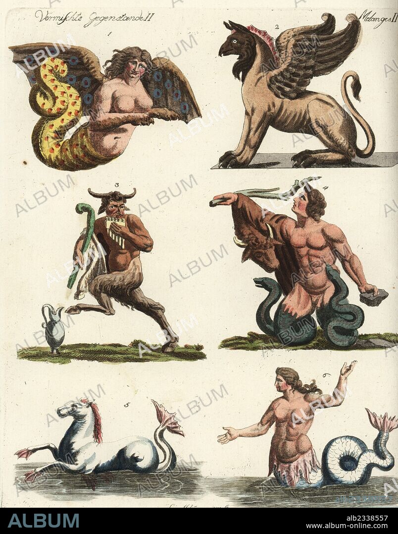 Mythical creatures: harpy, griffin, satyr, giant or Titan, seahorse and Nereid or Triton. Handcoloured copperplate engraving after Christiane Henriette Dorothea Westermayr from Friedrich Johann Bertuch's Bilderbuch fur Kinder (Picture Book for Children), Weimar, 1792.