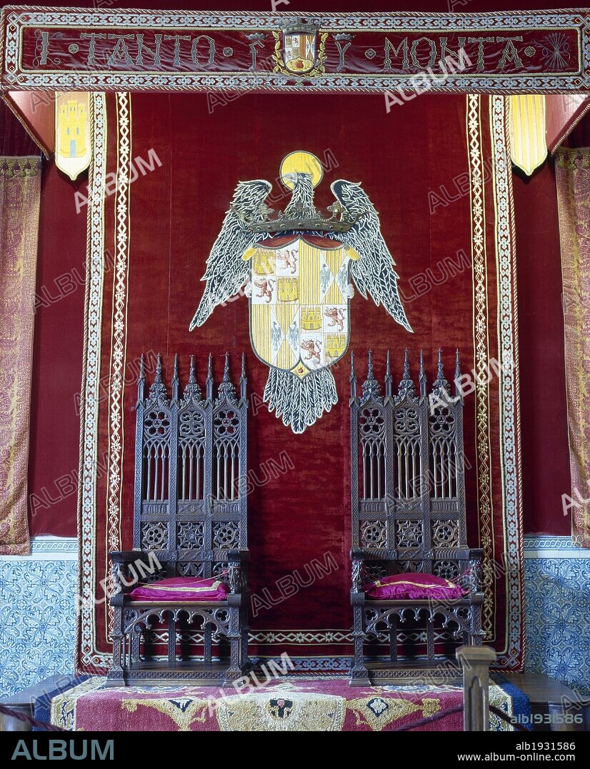 Spain. Segovia. The Alcazar. Castle and residence of monarchs of Kingdom of Castile. The Throne room. Two thrones bears the arms of the Catholic monarchs.