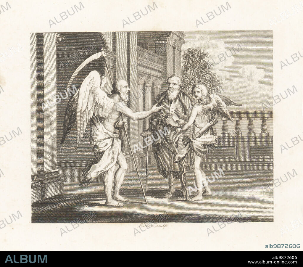 Plutus, Cupid and Time. Father Time with scythe talking with the Roman god of love Cupid with bow and quiver, and Greek god of wealth Plutus with bag and padlock. Copperplate engraving by Wilson after an illustration by Hubert Francois Bourguignon Gravelot from Fables by John Gay, with a Life of the Author, John Stockdale, London, 1793.