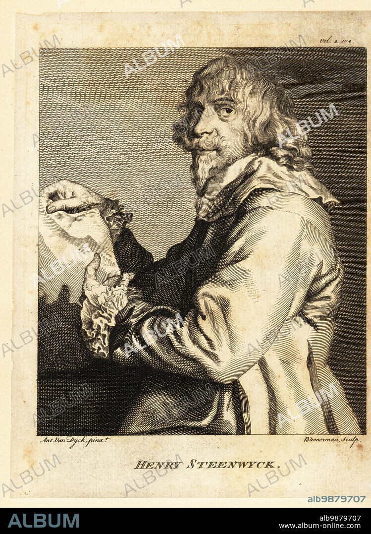 Portrait of Hendrik van Steenwijck II, Baroque painter mostly of architectural interiors, c.15801640.. Henry Steenwyck. Copperplate engraving by Alexander Bannerman after a portrait by Anthony van Dyck from Horace Walpoles Anecdotes of Painting in England, London, 1765.