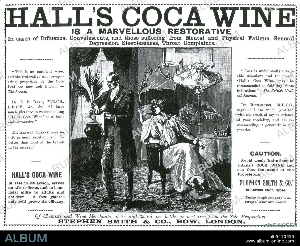 Hall's Coca Wine is a marvelous restorative. Coca wine is an alcoholic beverage combining wine with extracted coca alkaloid. At the end of the 19th century, the fear of drug abuse made coca-based drinks less popular. This led to the prohibition of cocaine in the United States, and the removal of coca alkaloid from coca wine as well as Coca-Cola, though coca leaf remained. The drink itself became illegal in the US when its other main drug, alcohol, was banned just a few years later. 1890s advertisement (cropped and cleaned).