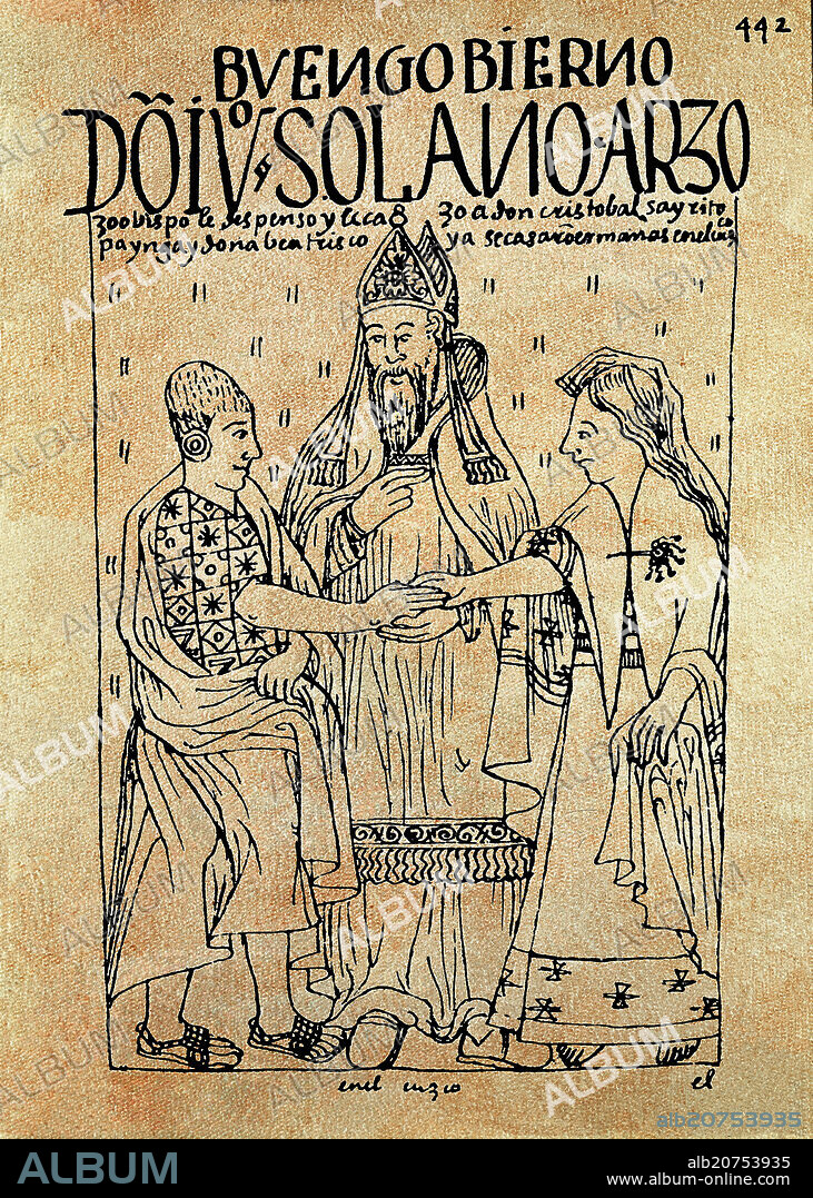 FELIPE GUAMAN POMA DE AYALA (1535-1617). Peruvian codex. 'Nueva Cronica y Buen Gobierno'. Marriage of Beatriz Enríquez de Harana and Christopher Colombus. 1613-1615. Madrid, National library.