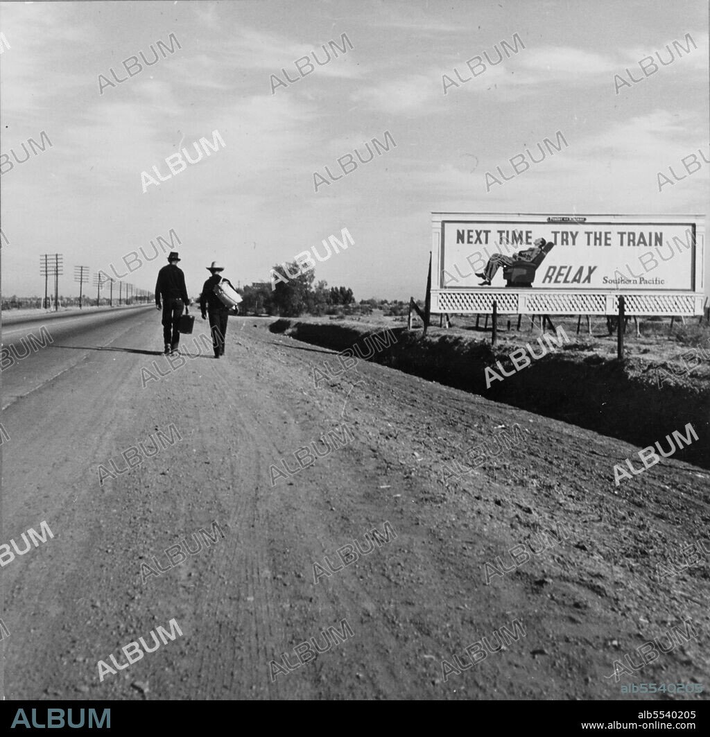 DOROTHEA LANGE. Toward Los Angeles, California. ['Next Time Try the Train - Relax - Southern Pacific'].