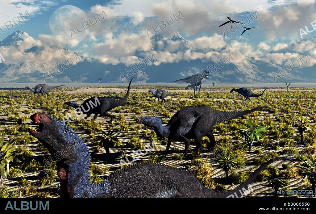 A lone Allosaurus attacking a herd of herbivorous Camptosaurus dinosaurs.