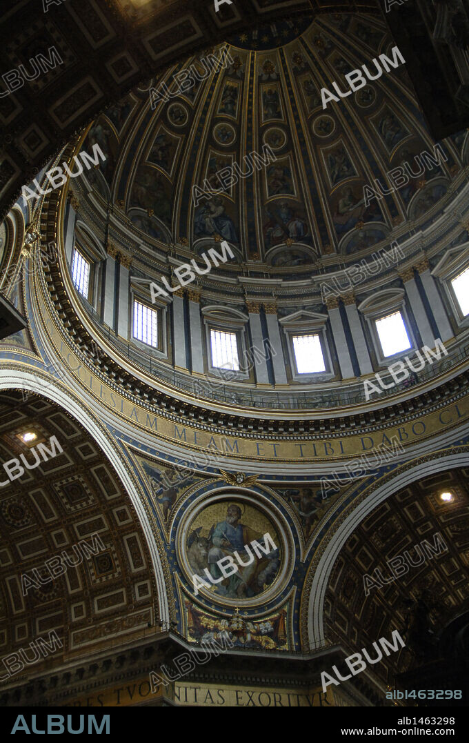 Renaissance Art. Italy. St. Peter's Basilica. Dome built by Giacomo della Porta (1540-1602) and Domenico Fontana (1543-1607) in 1590. Around the inside of the dome there is an inscription to the honour of SIxtus V. The medallion is painted by Giuseppe Cesari (1568-1640). Vatican City.