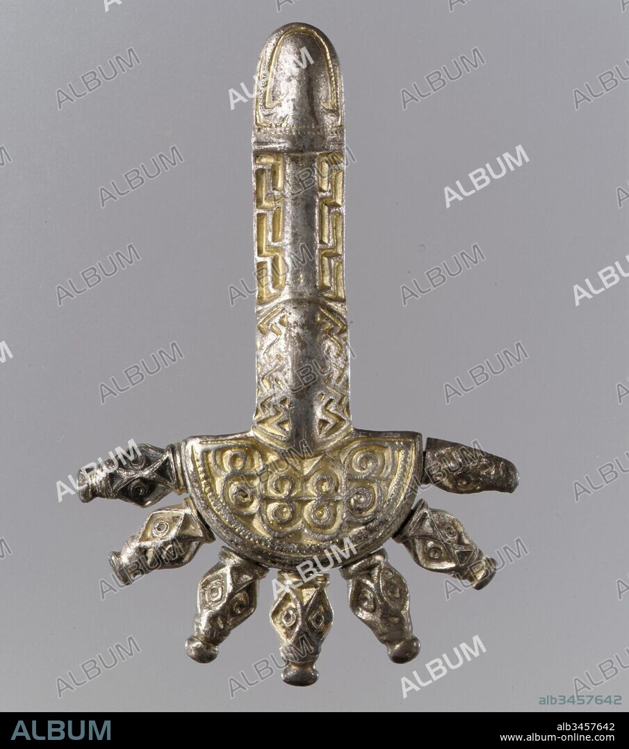 Bow Brooch, late 5th–early 6th century, Made in Germany, Alemannic, Silver-gilt, Length of each: 3 7/16 x 2 5/16 x 1/2 in. (8.7 x 5.9 x 1.2 cm), Metalwork-Silver, The bow brooch was a component of many Germanic women’s dress. In Frankish territory brooches were generally worn in pairs, as decorative elements on a strap hanging from the belt. The bow refers to the bend or curve that links two terminals.
