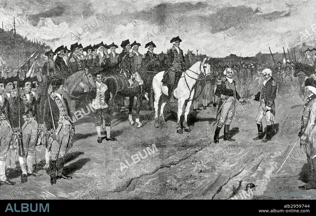 American Revolutionary War (1775-1783). Siege of Yorktown. Surrender of British Major General Lord Charles Cornwallis, (October 19, 1781). The action ends the Siege of Yorktown and virtually guarantees the American independency. Engraving. 19th century.