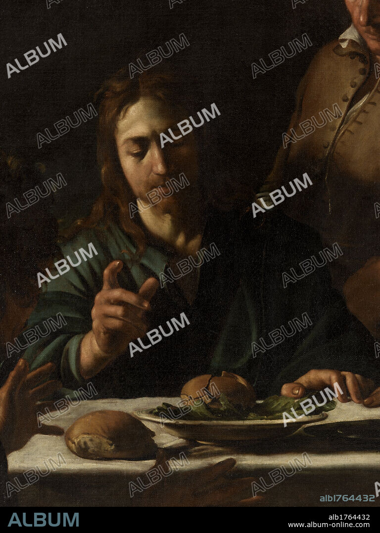 The Supper at Emmaus, by Michelangelo Merisi known as Caravaggio, 1606 about, 17th Century, oil on canvas, cm 141 x 175. Italy, Lombardy, Milan, Brera Art Gallery. Detail Jesus Christ blessing set up table loaf of bread. Authorization required for non editorial use.