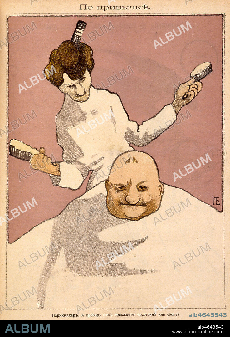 'A droite ou a gauche la raie ?' : homme chauve chez le coiffeur. Caricature tiree de la revue Chart en 1902. Credit : Collection KHARBINE-TAPABOR.